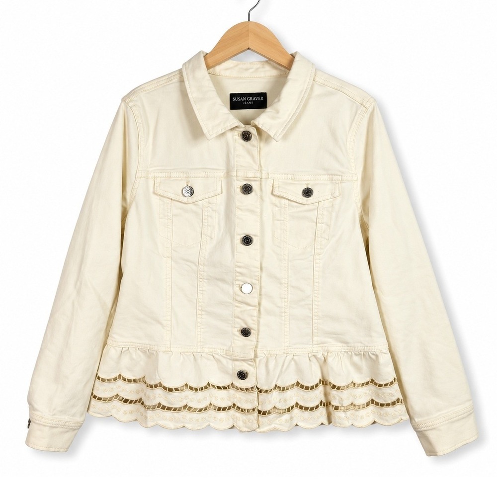 Susan Graver Womens Medium Ecru Embroidered Peplum Stretch Denim Jacket A690642